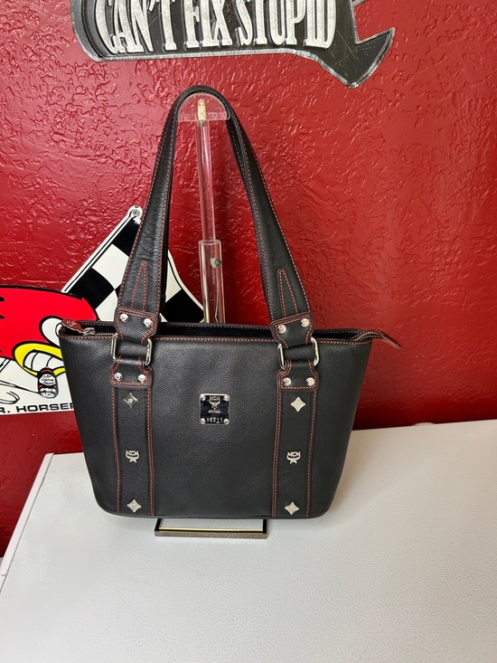 MCM Handbags - MCM Black Shoulder Bag with Red Stitching